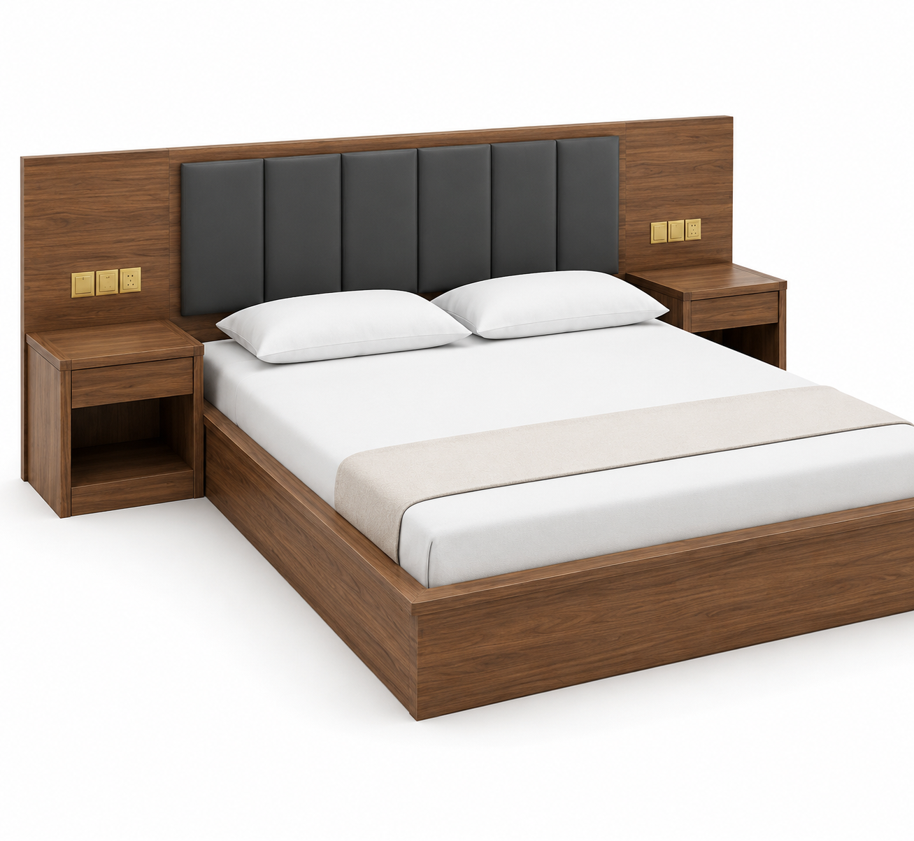 Modern Wooden Platform Bed with Side Tables (King Size) - Image 3