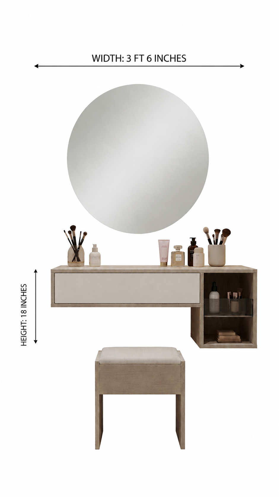Modern Dresser with Round Mirror, Drawer, Open Shelves & Stool - Image 2