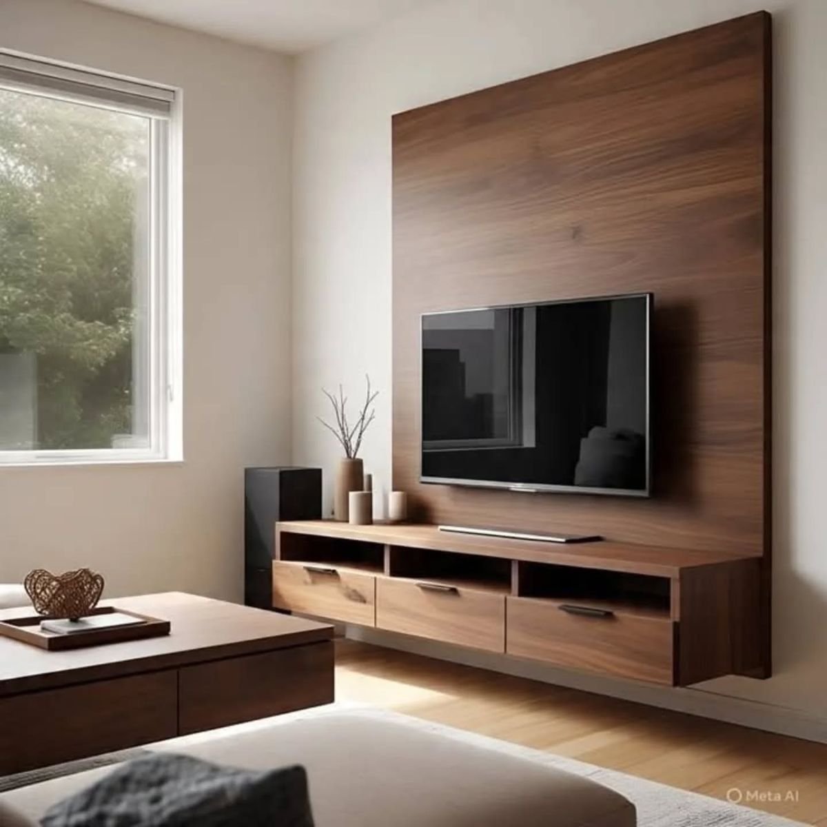 Modern Wooden Floating Wall Mounted TV Unit with Backing Panel and Storage Console - Image 2