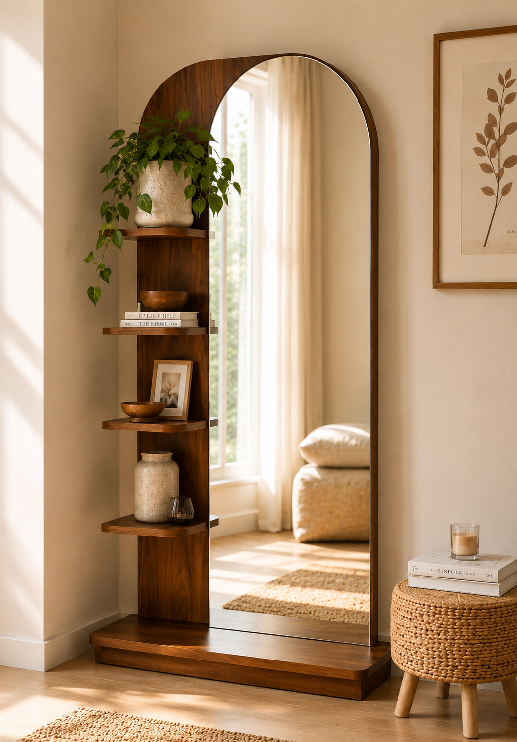 Modern Full-Length Dresser with Arched Mirror & Open Display Shelves