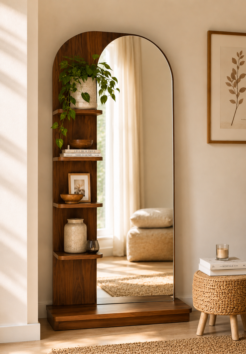 Modern Full-Length Dresser with Arched Mirror & Open Display Shelves - Image 4