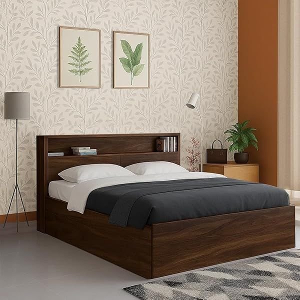 Modern Wooden Platform Bed with Integrated Headboard Shelf - Image 4