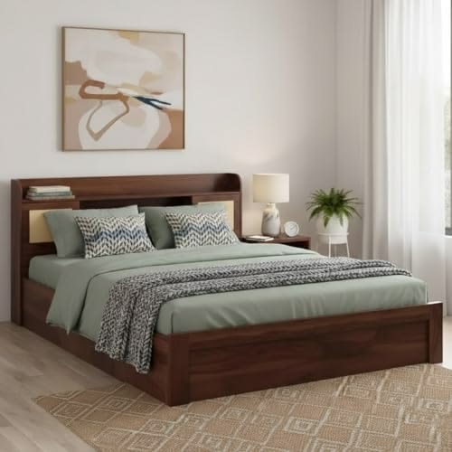 Modern Wooden Platform Bed with Storage Headboard - Image 2