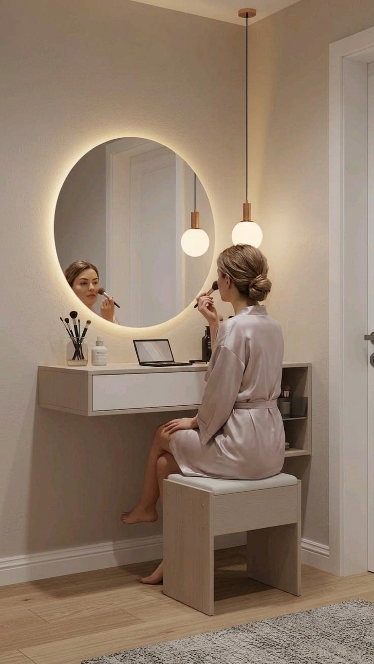 Modern Dresser with Round Mirror, Drawer, Open Shelves & Stool - Image 3