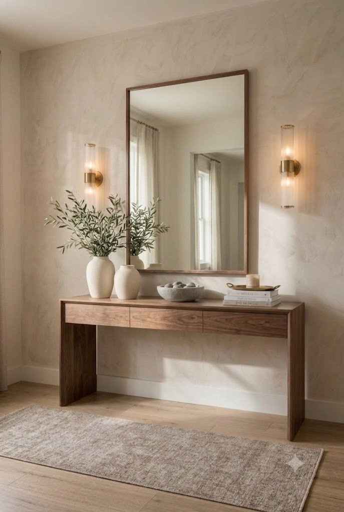 Modern Wooden Console Table with Three Drawers and Side Panel Supports