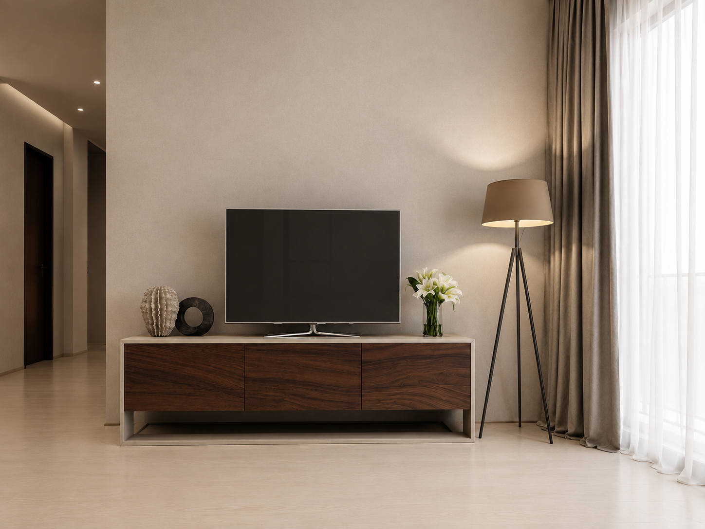 Modern Wooden Floor-Standing TV Console with Light Framing and Dark Walnut Storage Cabinets - Image 3