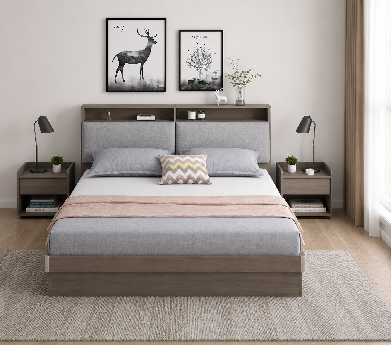 Modern Upholstered Platform Bed with Storage Headboard