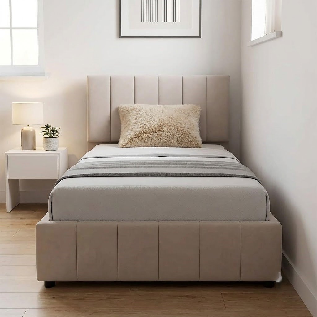 Modern Upholstered Single Platform Bed with Padded Headboard