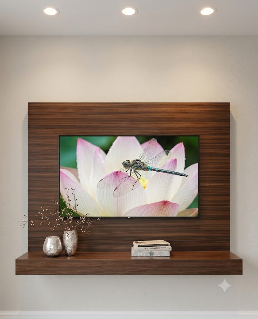 Modern Wooden Floating Wall Mounted TV Unit with Backing Panel and Ledge Shelf - Image 2