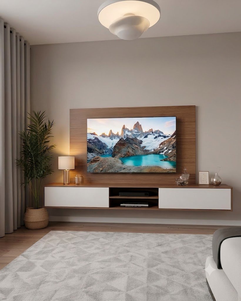 Modern Wooden Floating Wall Mounted TV Unit with Backing Panel and Storage Console