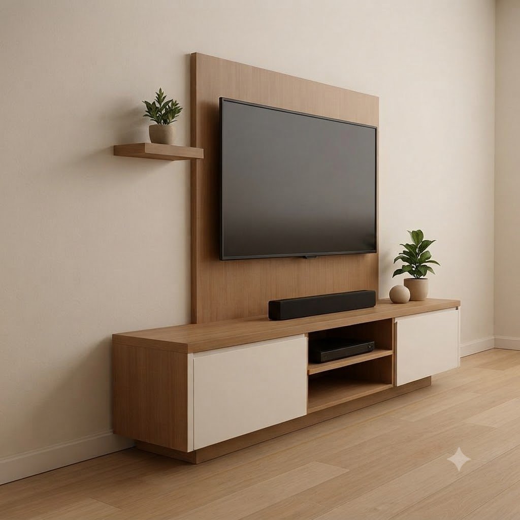 Modern Wooden Floating Wall Mounted TV Unit with Backing Panel and Storage Console - Image 2