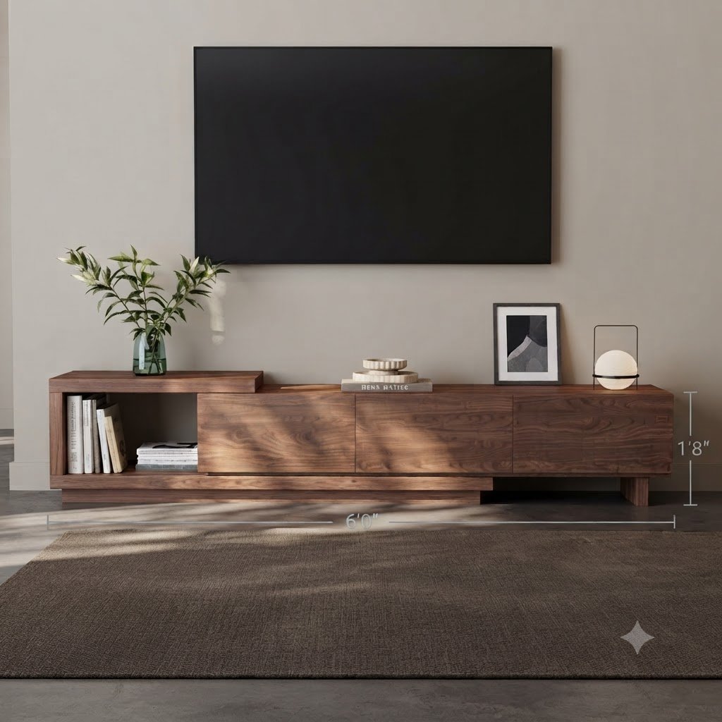 Modern Asymmetrical Modular Wooden TV Unit with Open Display Shelf and Storage Cabinets