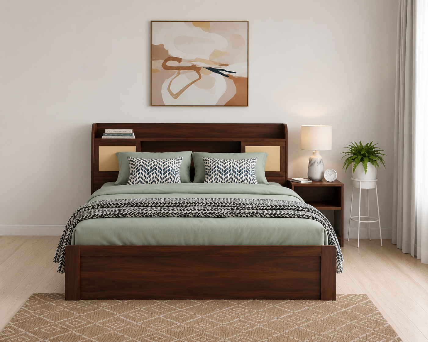 Modern Wooden Platform Bed with Storage Headboard