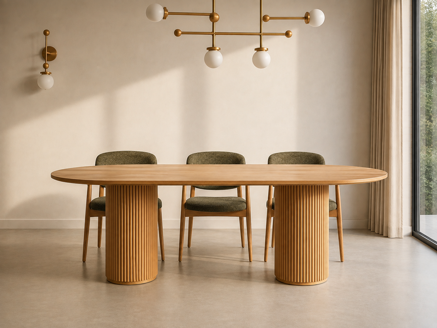 Modern Fluted Oval Dining Table with Wooden Base - Image 2