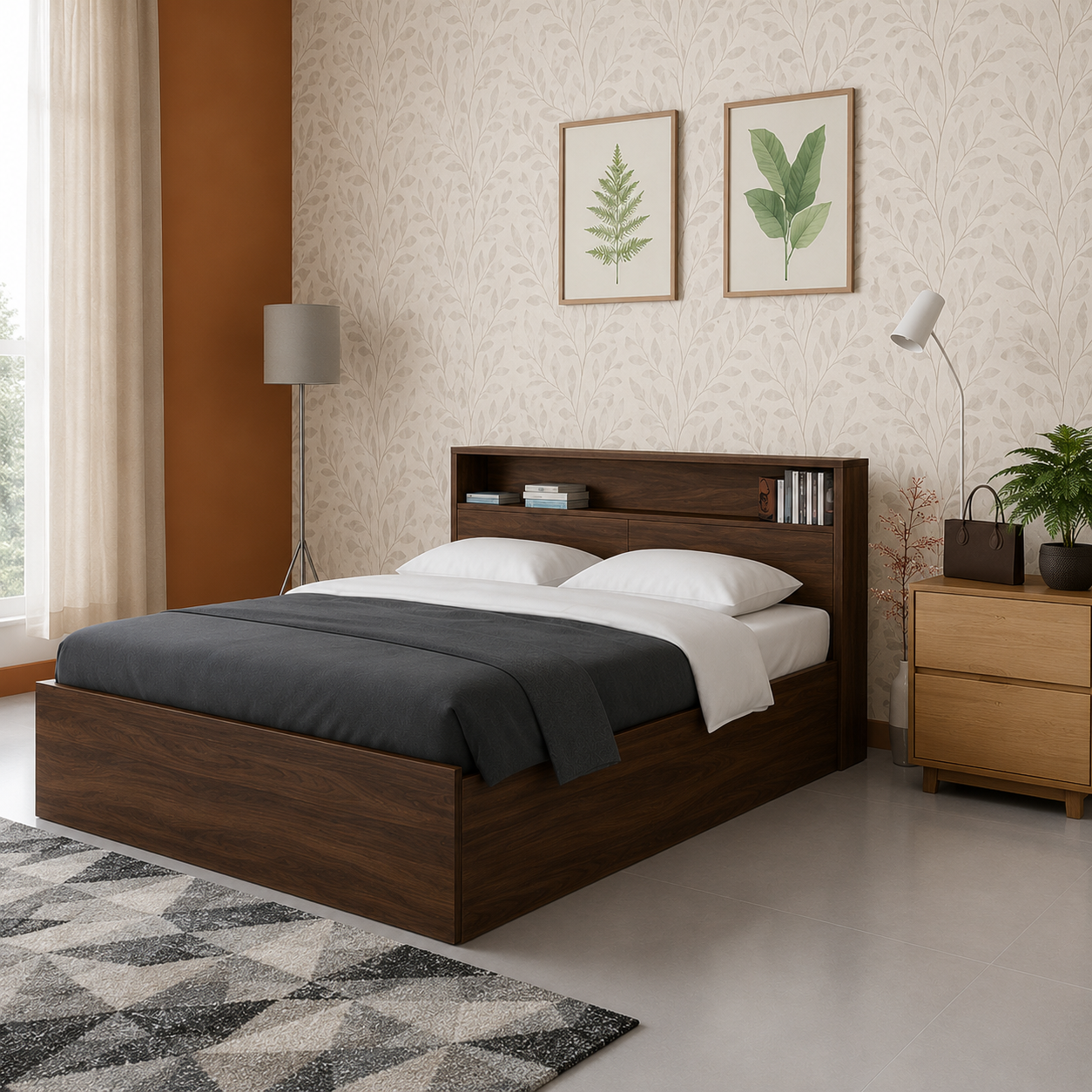 Modern Wooden Platform Bed with Integrated Headboard Shelf