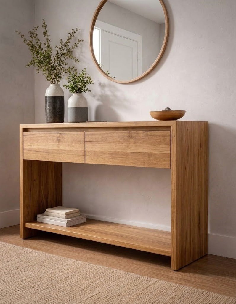 Modern Wooden Console Table with Two Drawers and Open Storage Shelf - Image 3
