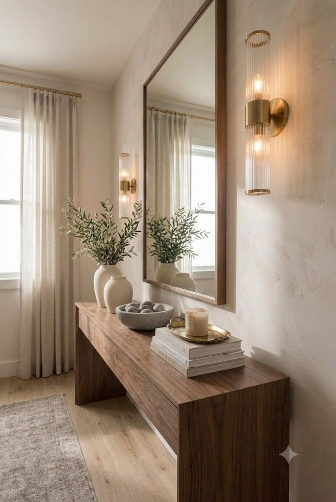 Modern Wooden Console Table with Three Drawers and Side Panel Supports - Image 3