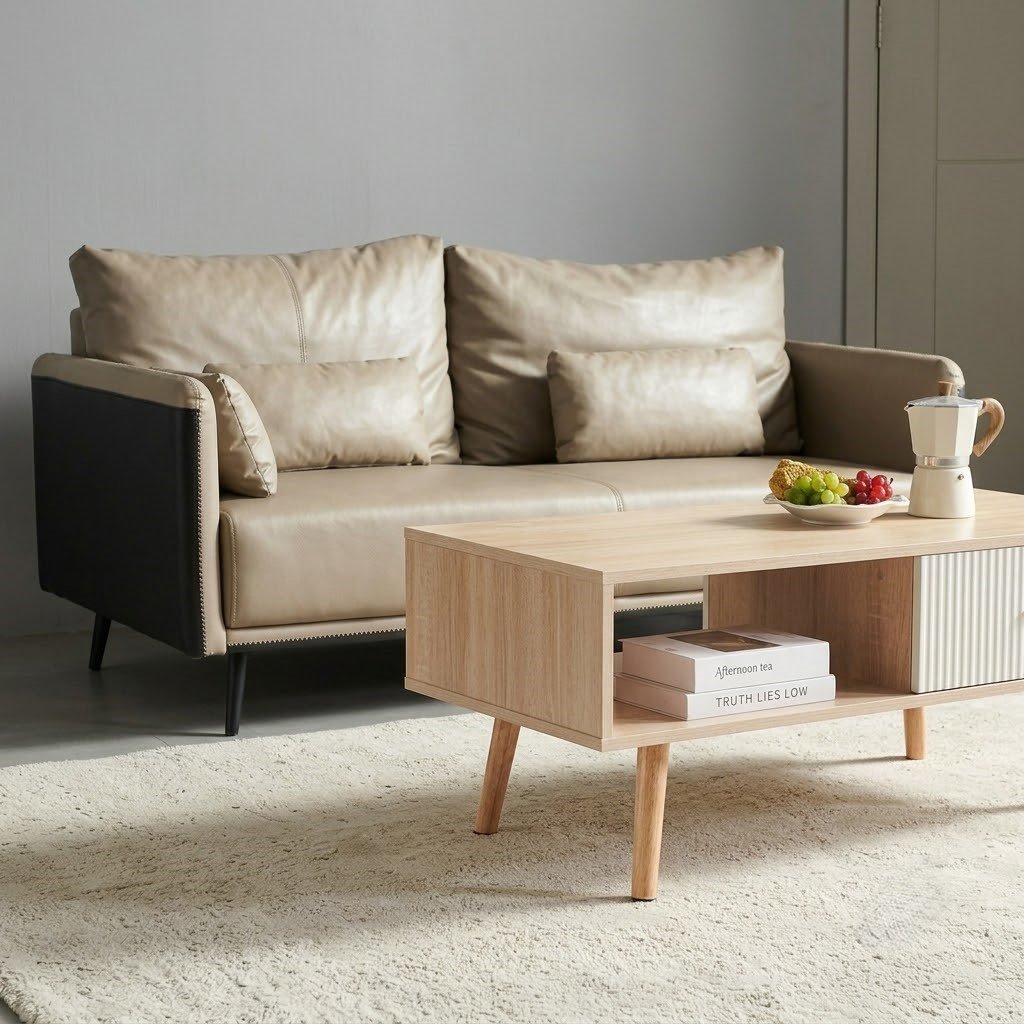 Modern Wooden Centre Table with Upholstered-Style Drawer Front and Open Storage Shelf - Image 2
