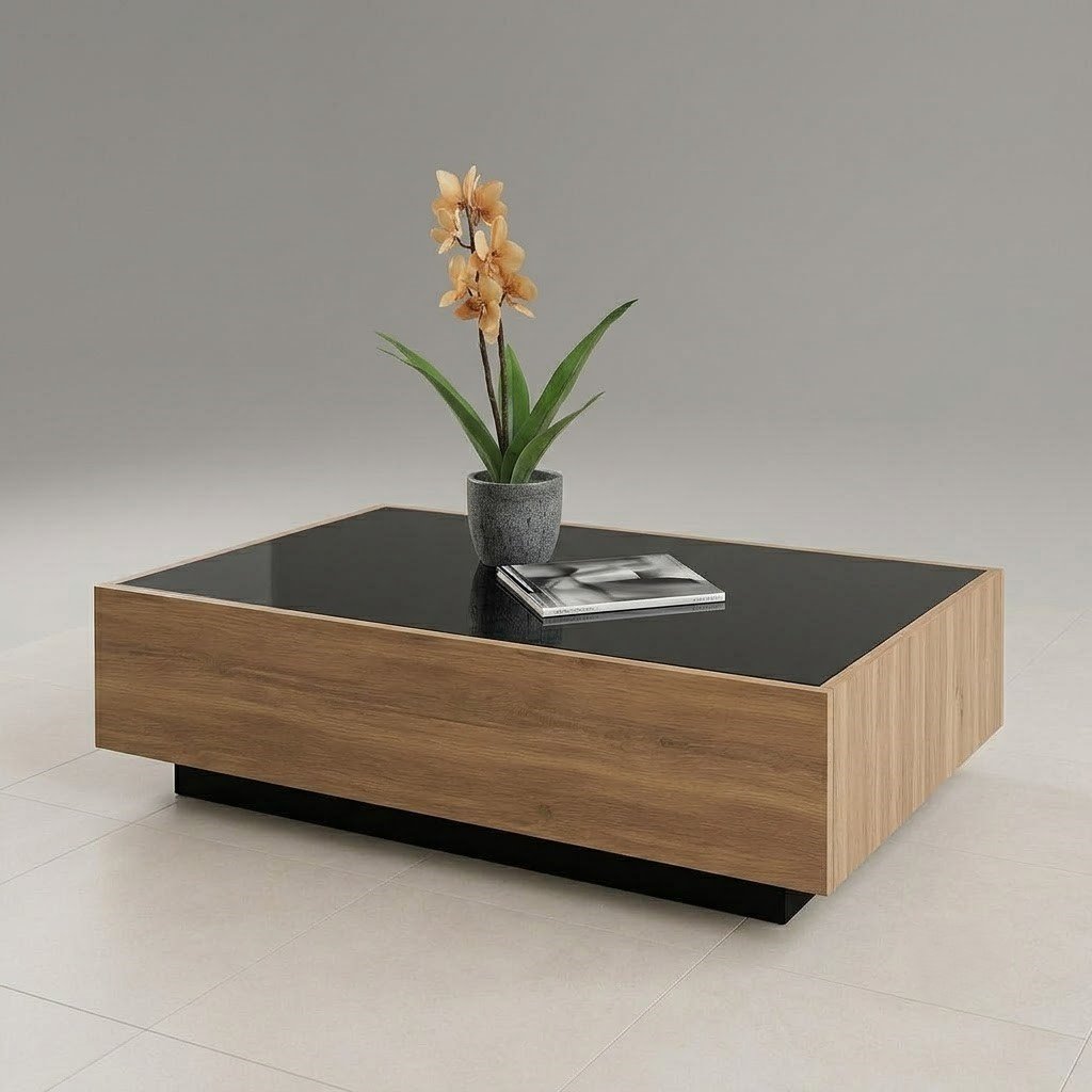 Modern Wooden Centre Table with Tempered Glass Top and Recessed Base - Image 4