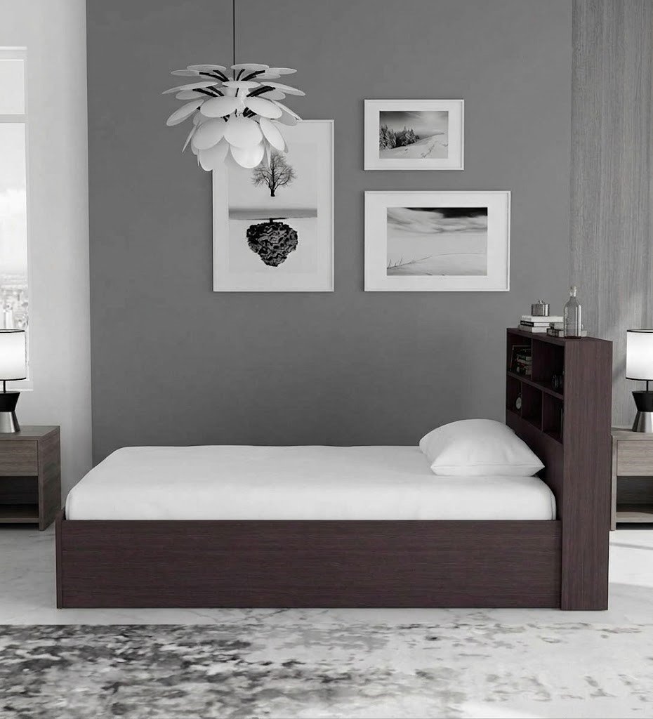 Modern Wooden Single Platform Bed with Storage Headboard - Image 2