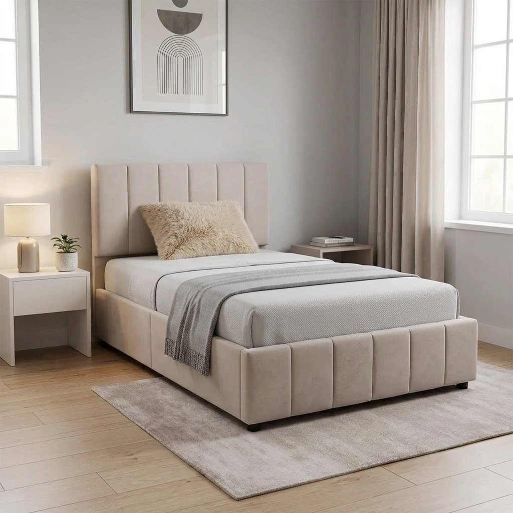 Modern Upholstered Single Platform Bed with Padded Headboard - Image 2