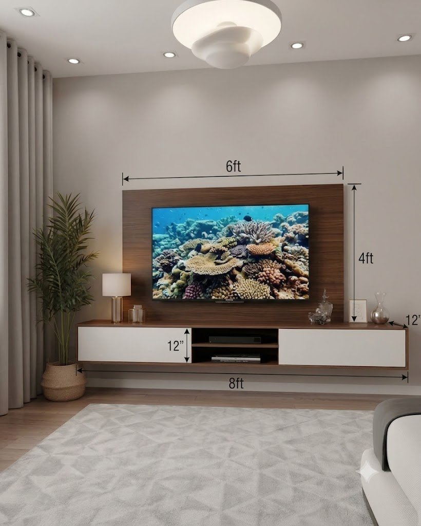 Modern Wooden Floating Wall Mounted TV Unit with Backing Panel and Storage Console - Image 2