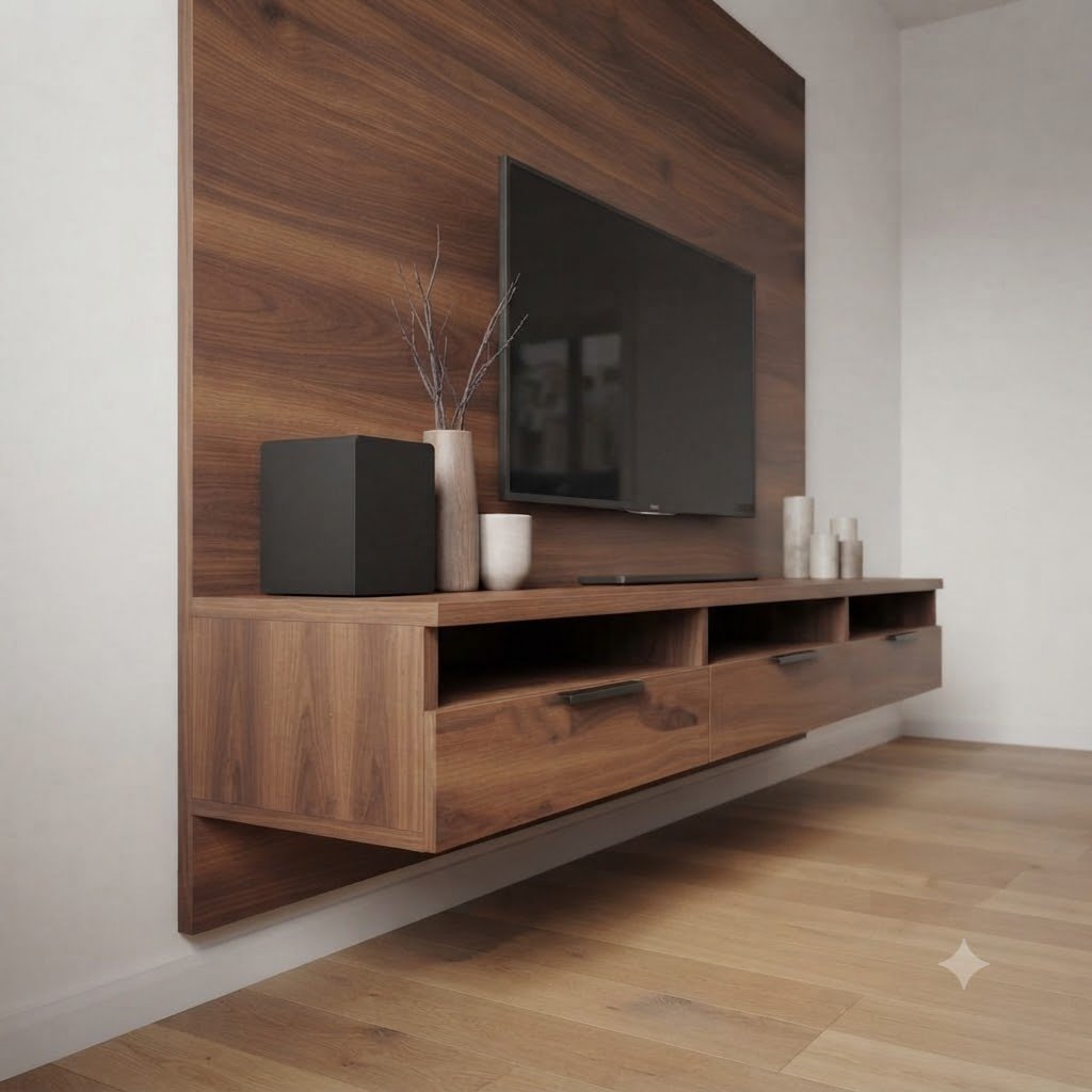 Modern Wooden Floating Wall Mounted TV Unit with Backing Panel and Storage Console - Image 3