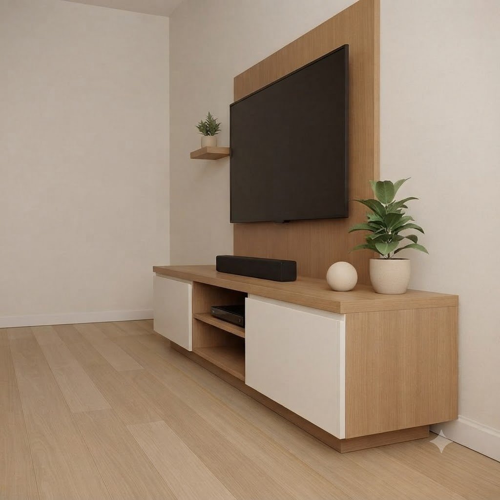Modern Wooden Floating Wall Mounted TV Unit with Backing Panel and Storage Console - Image 3