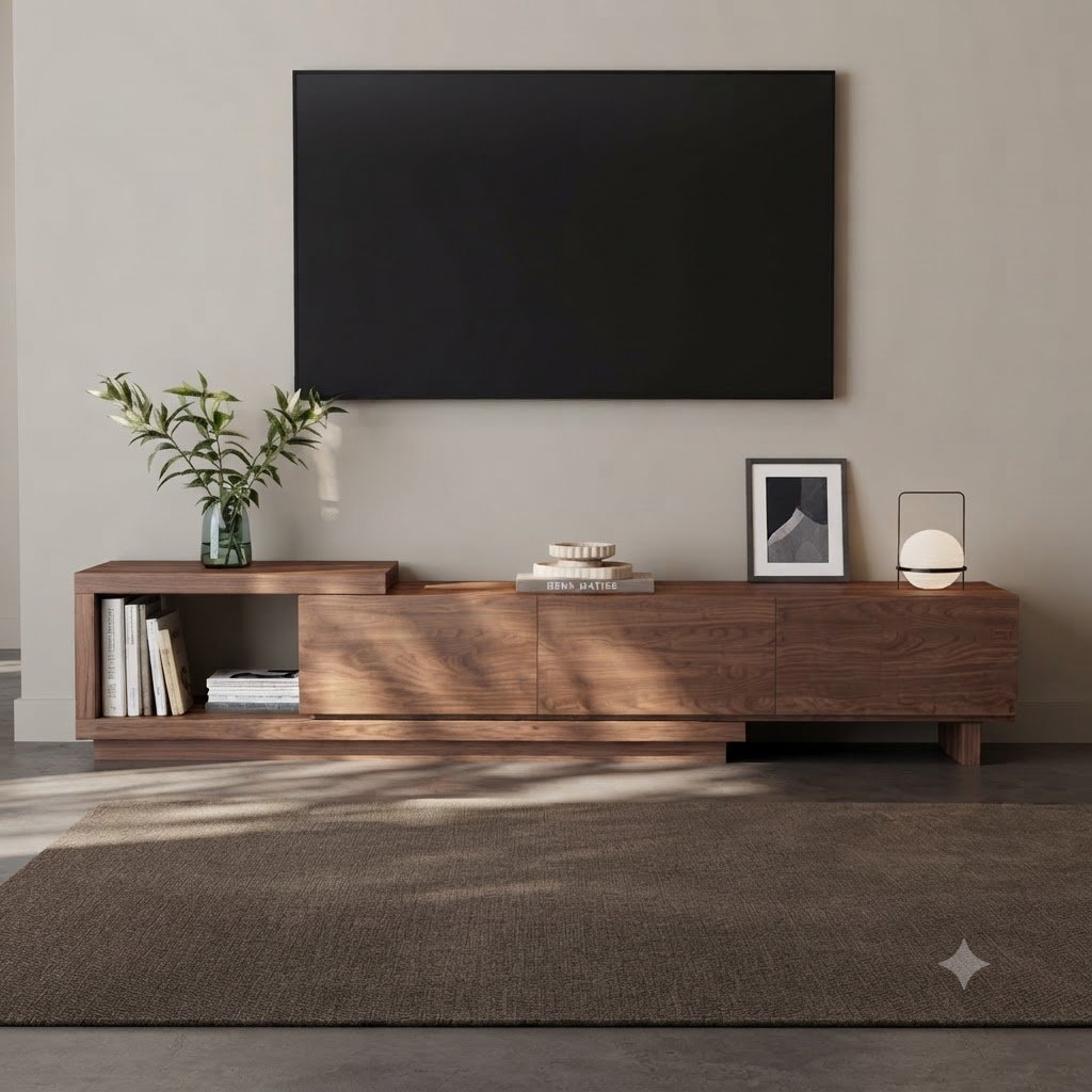 Modern Asymmetrical Modular Wooden TV Unit with Open Display Shelf and Storage Cabinets - Image 3