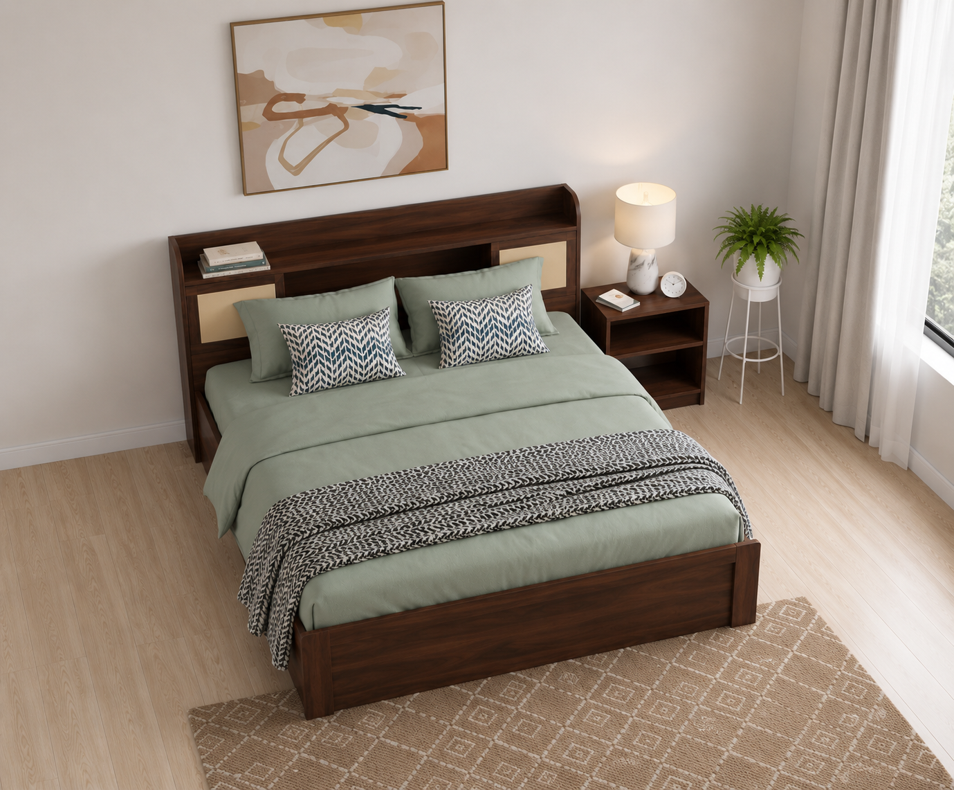 Modern Wooden Platform Bed with Storage Headboard - Image 4