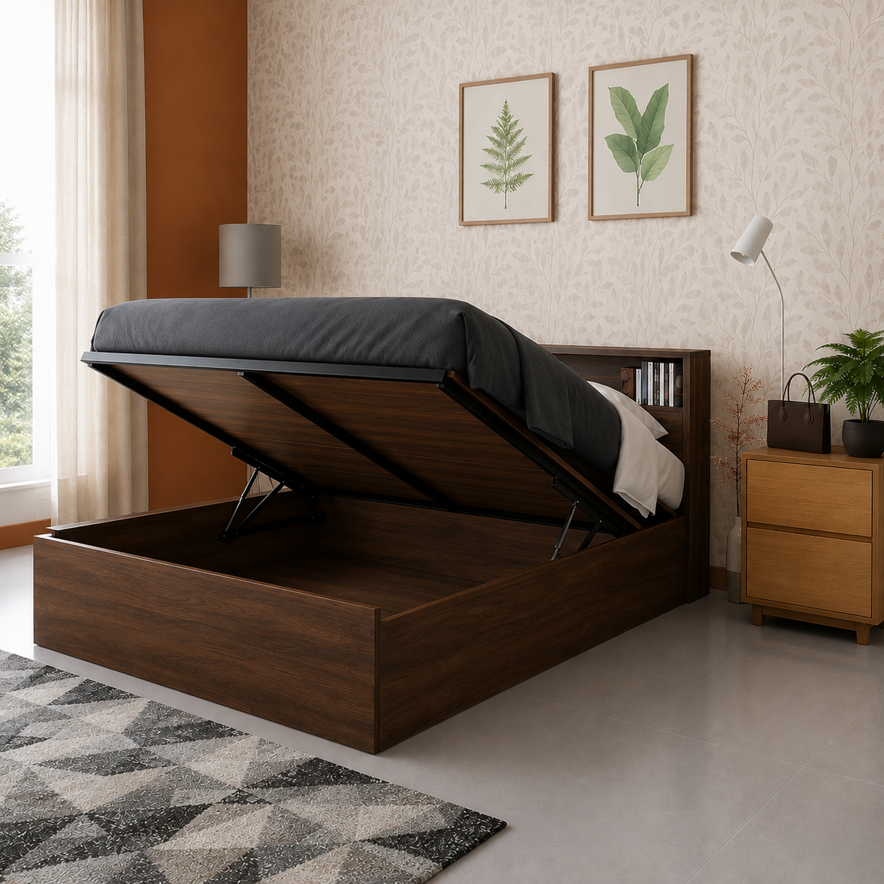 Modern Wooden Platform Bed with Integrated Headboard Shelf - Image 2