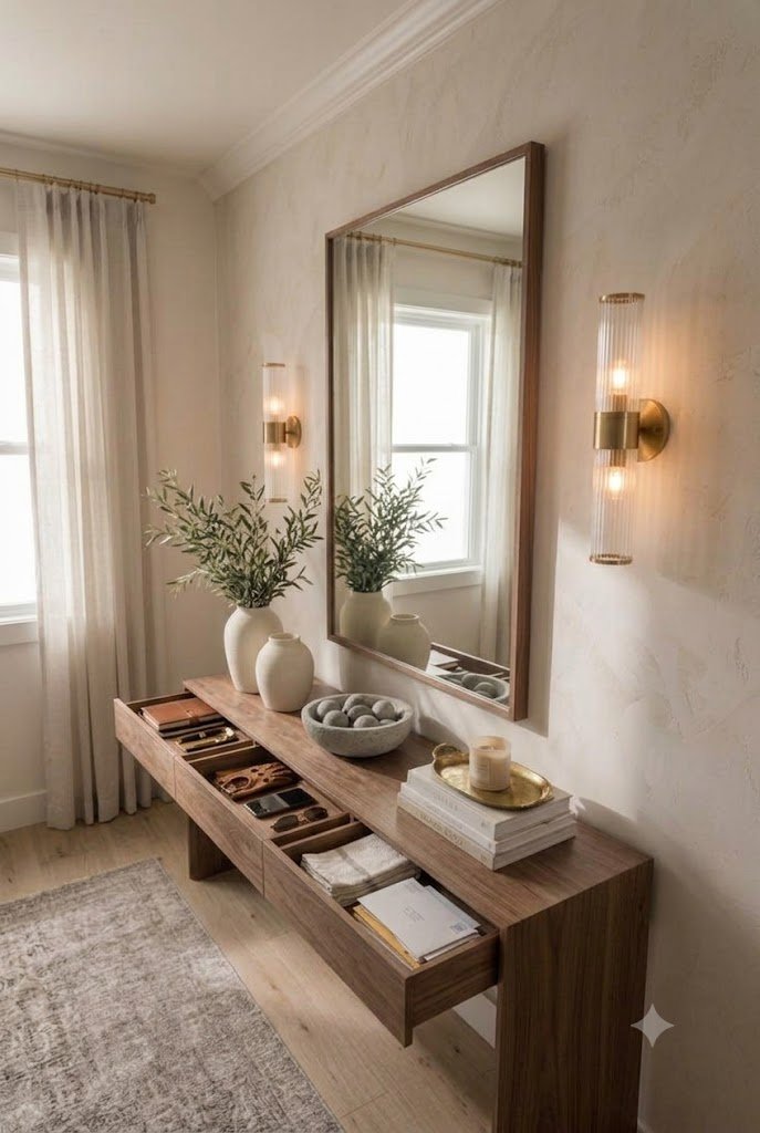Modern Wooden Console Table with Three Drawers and Side Panel Supports - Image 4