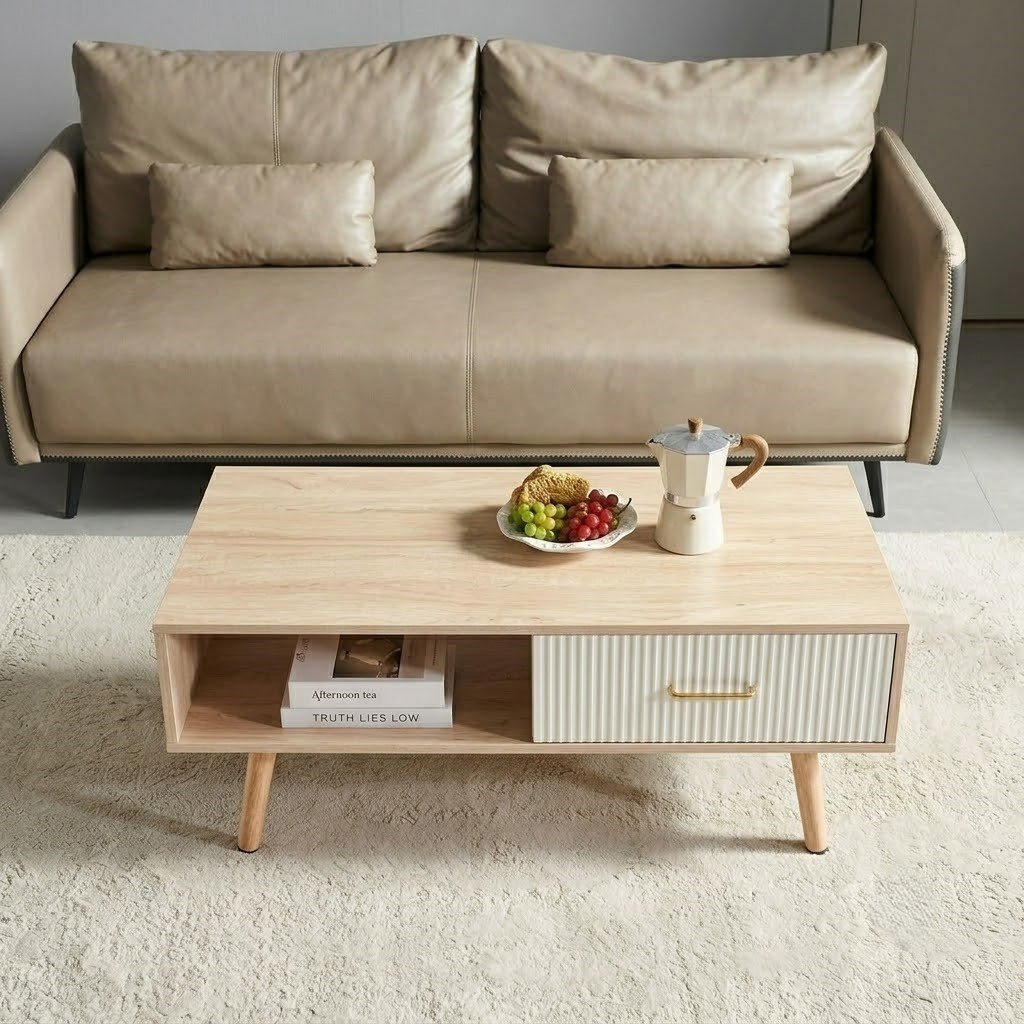 Modern Wooden Centre Table with Upholstered-Style Drawer Front and Open Storage Shelf - Image 3