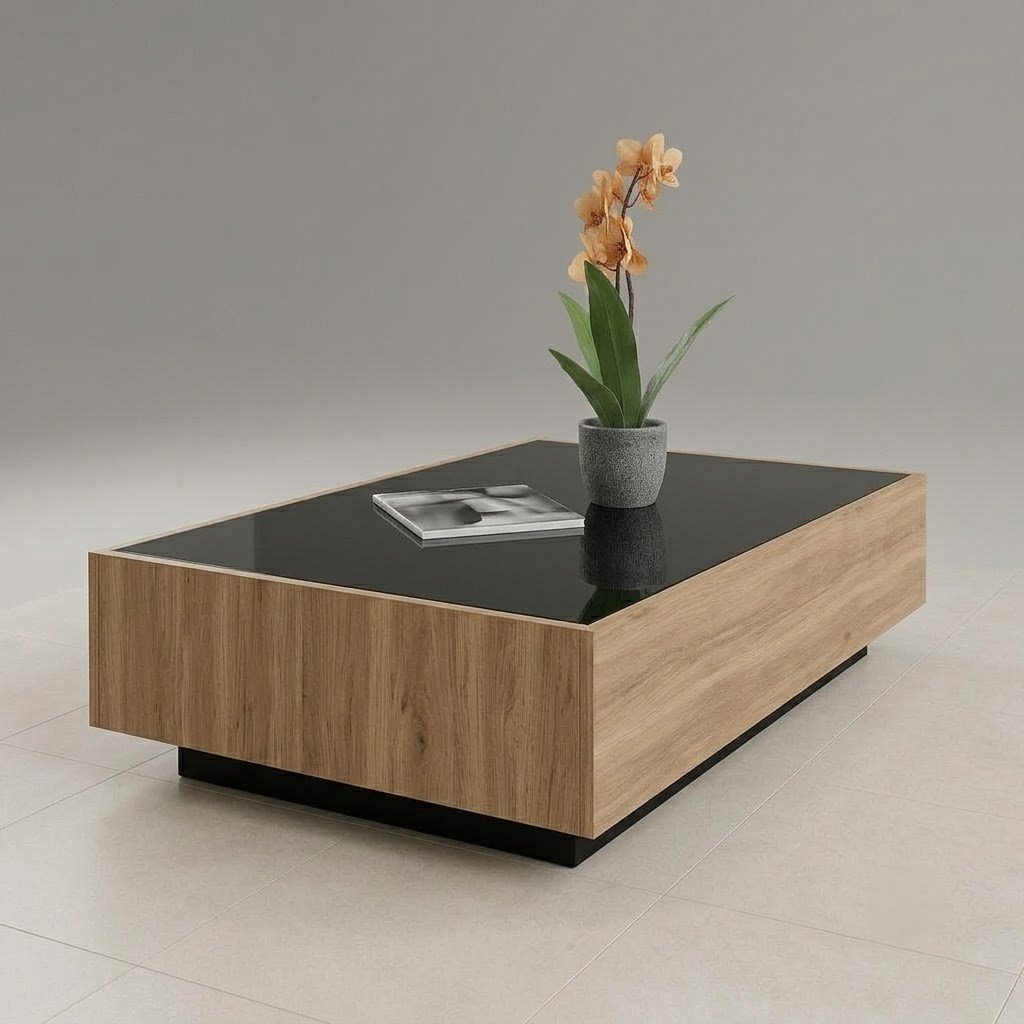 Modern Wooden Centre Table with Tempered Glass Top and Recessed Base - Image 3