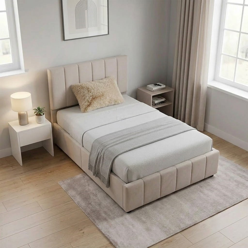 Modern Upholstered Single Platform Bed with Padded Headboard - Image 3