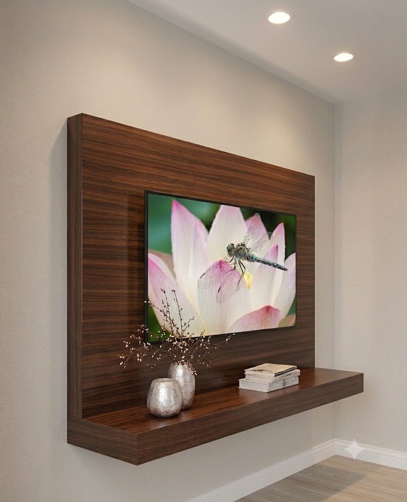 Modern Wooden Floating Wall Mounted TV Unit with Backing Panel and Ledge Shelf - Image 3
