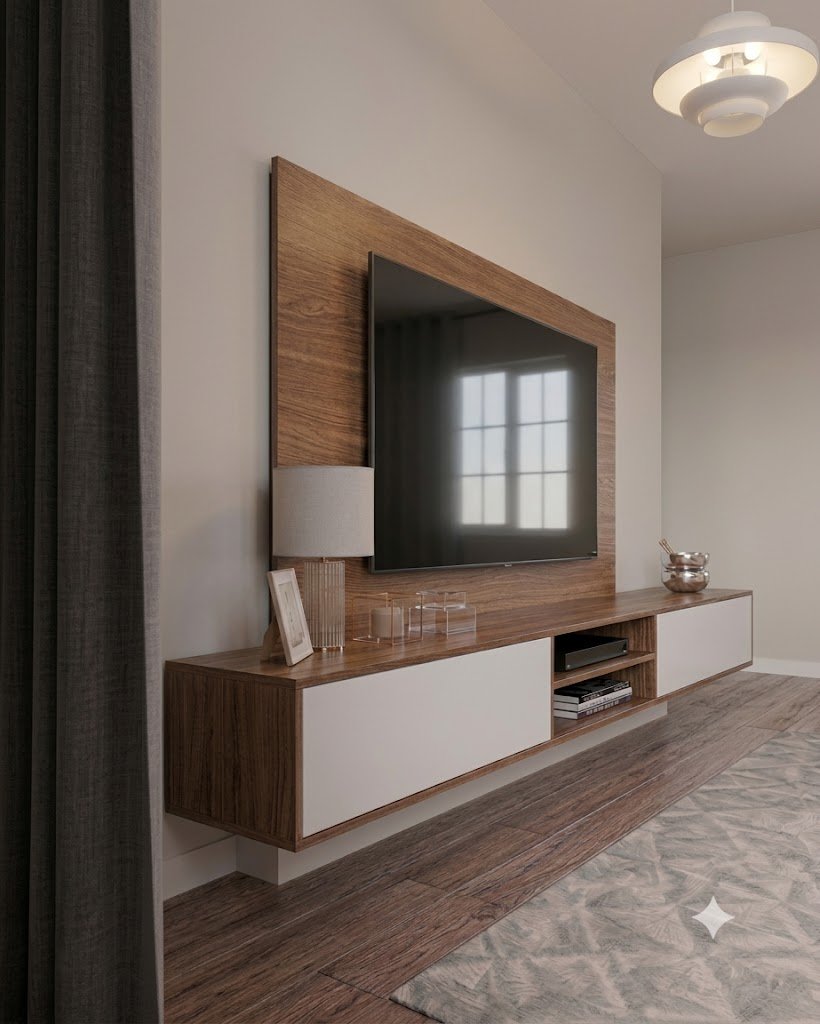 Modern Wooden Floating Wall Mounted TV Unit with Backing Panel and Storage Console - Image 4
