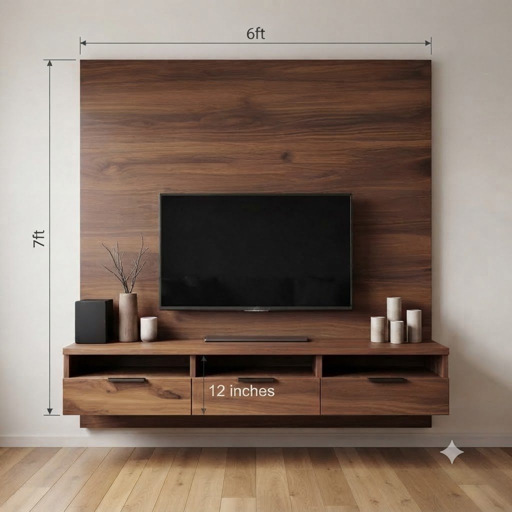 Modern Wooden Floating Wall Mounted TV Unit with Backing Panel and Storage Console - Image 4