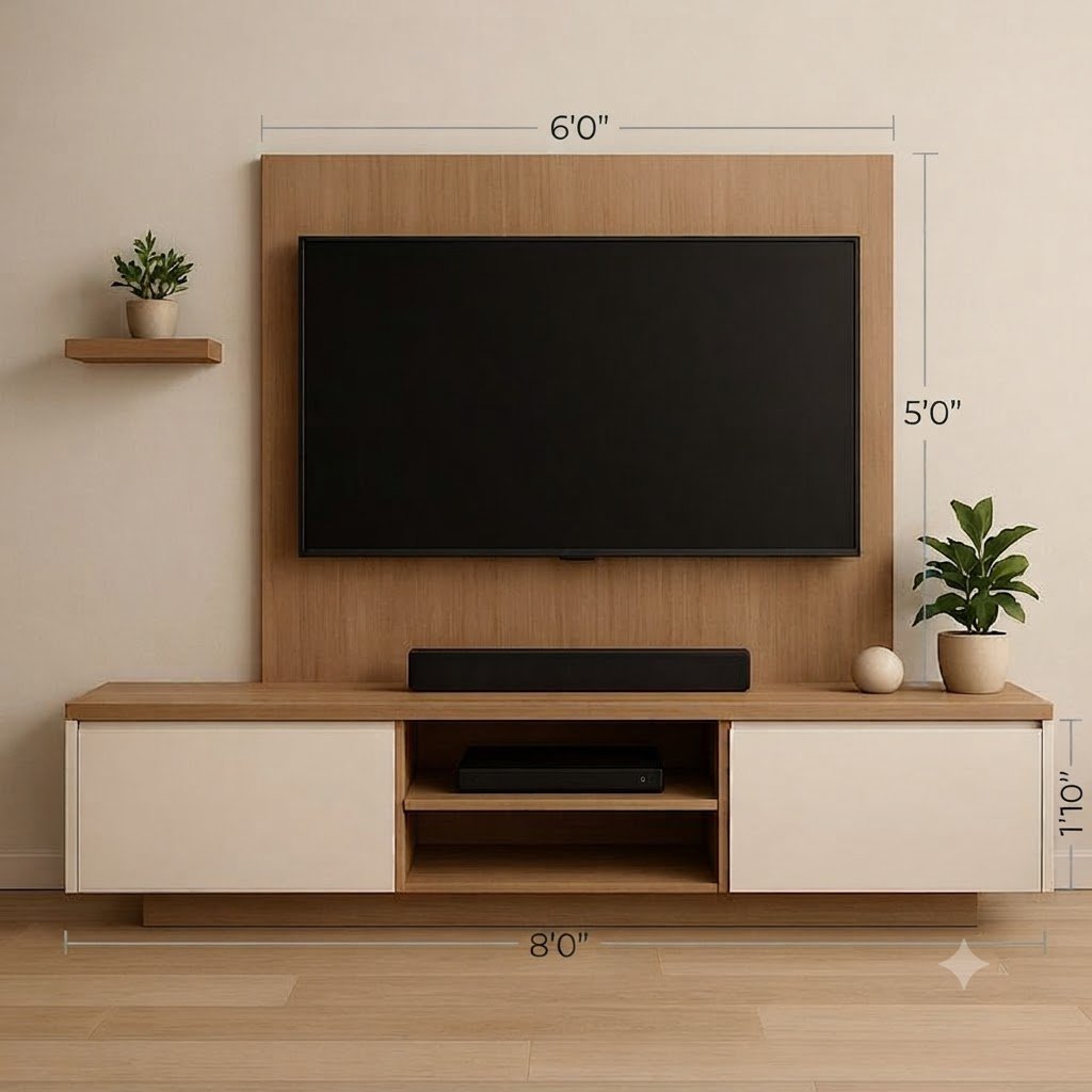 Modern Wooden Floating Wall Mounted TV Unit with Backing Panel and Storage Console - Image 4