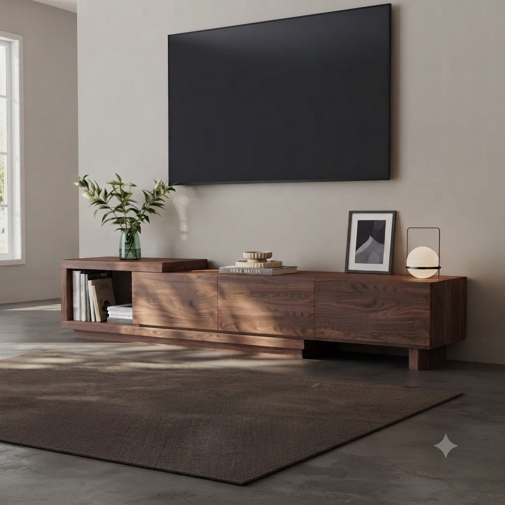 Modern Asymmetrical Modular Wooden TV Unit with Open Display Shelf and Storage Cabinets - Image 4