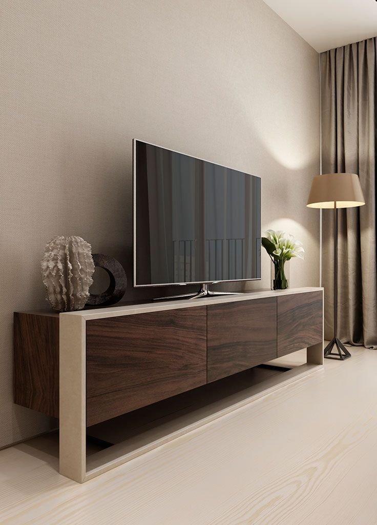 Modern Wooden Floor-Standing TV Console with Light Framing and Dark Walnut Storage Cabinets - Image 2