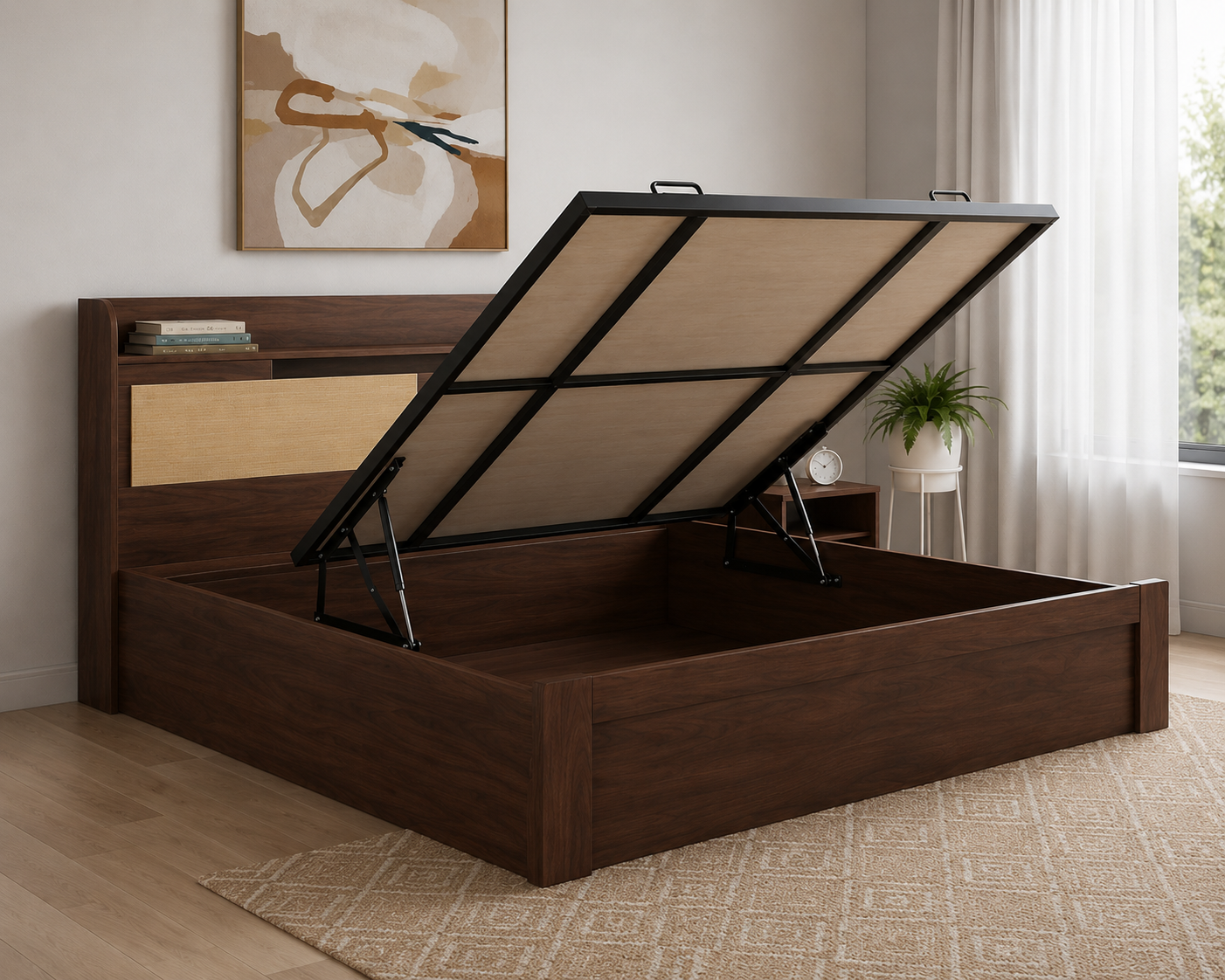 Modern Wooden Platform Bed with Storage Headboard - Image 3