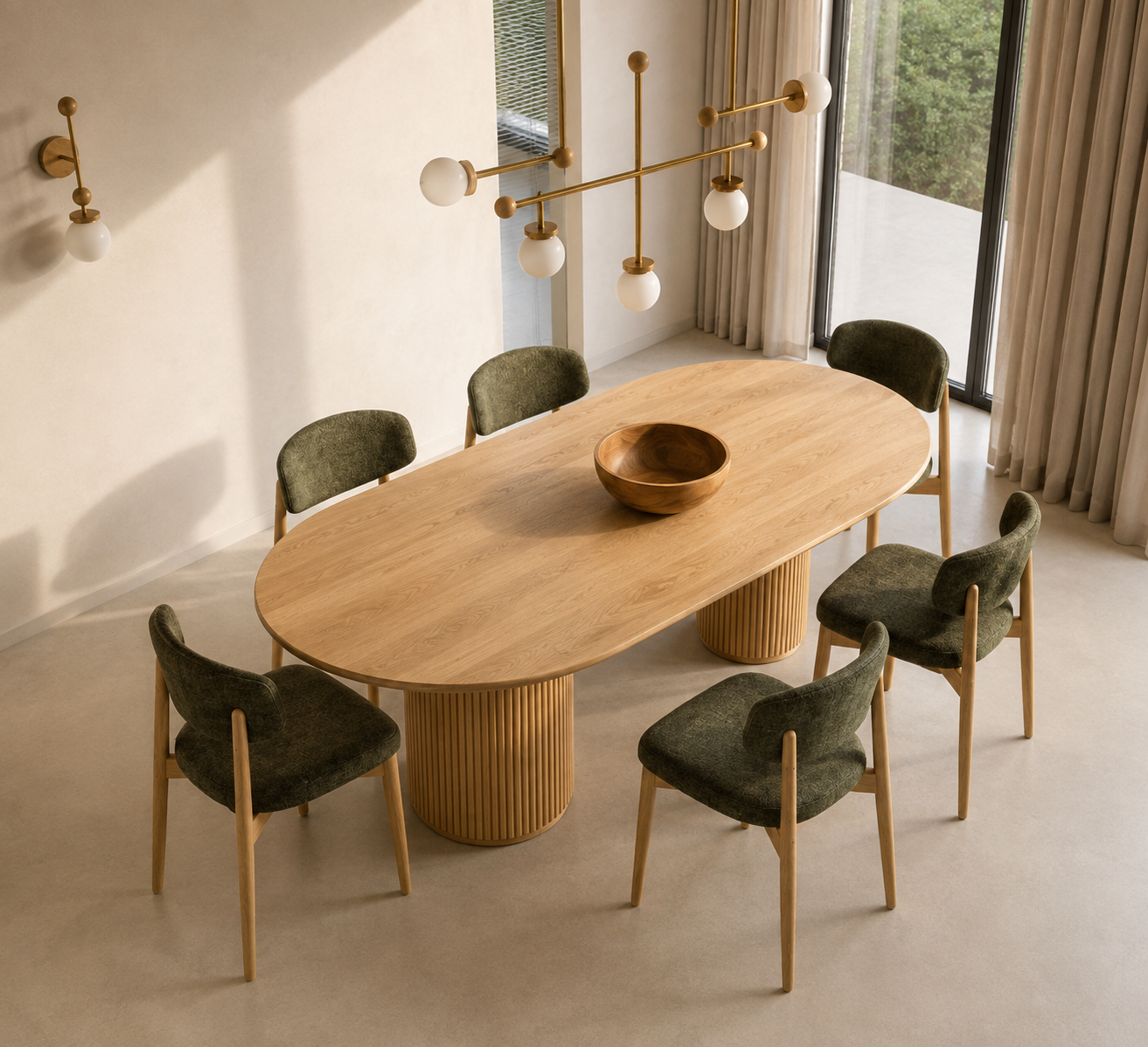 Modern Fluted Oval Dining Table with Wooden Base