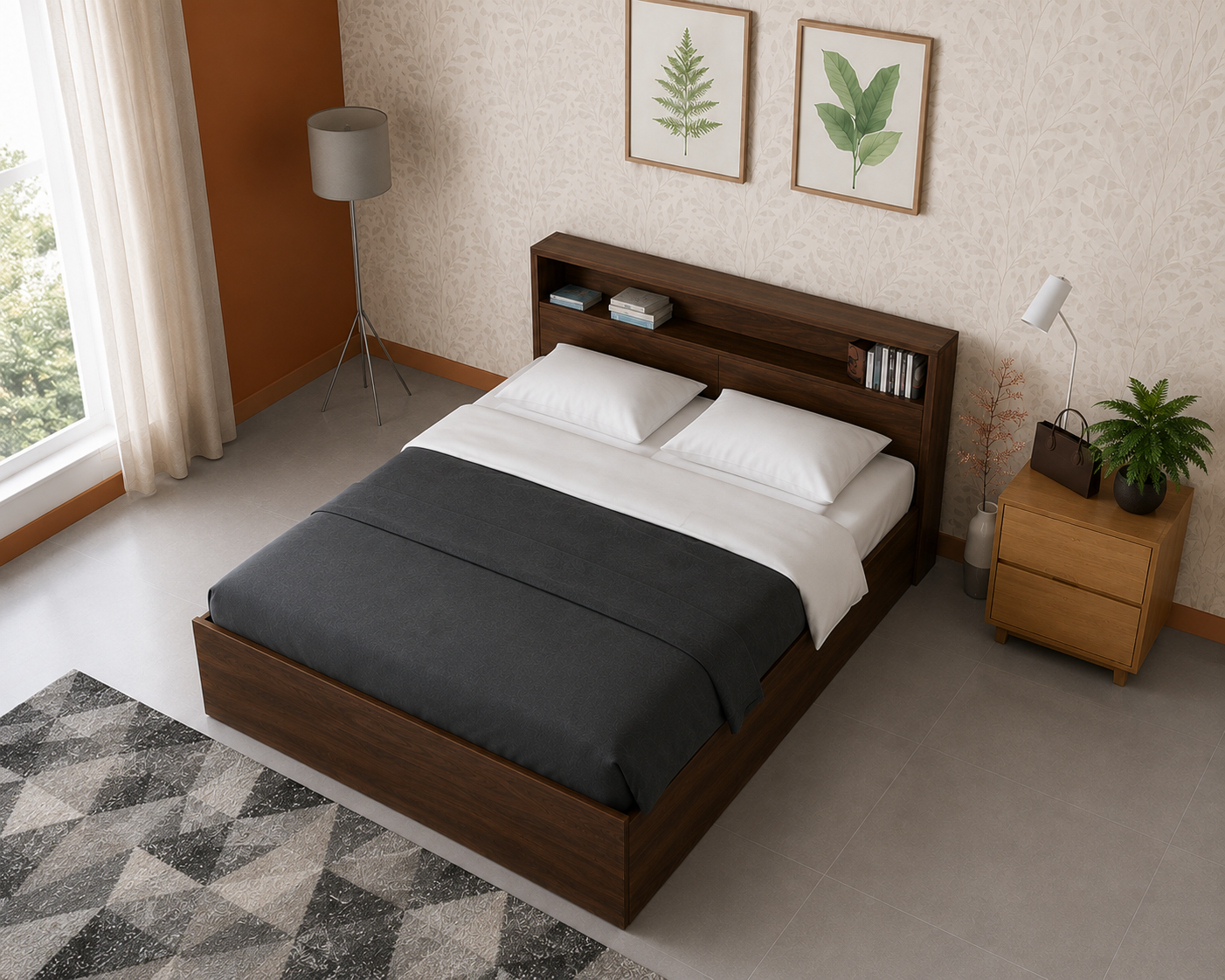Modern Wooden Platform Bed with Integrated Headboard Shelf - Image 3
