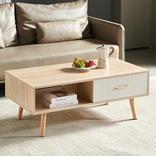 Modern Wooden Centre Table with Upholstered-Style Drawer Front and Open Storage Shelf - Image 4