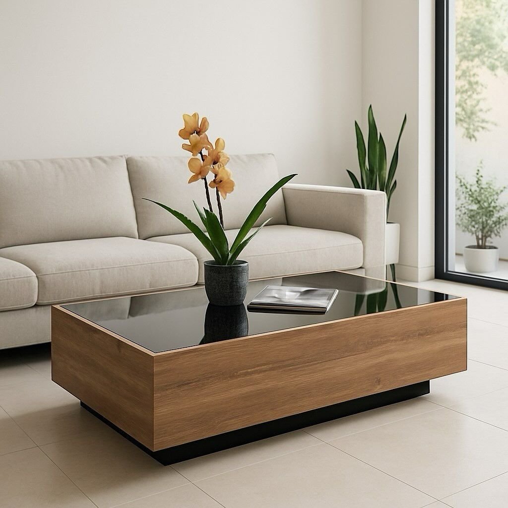 Modern Wooden Centre Table with Tempered Glass Top and Recessed Base - Image 2