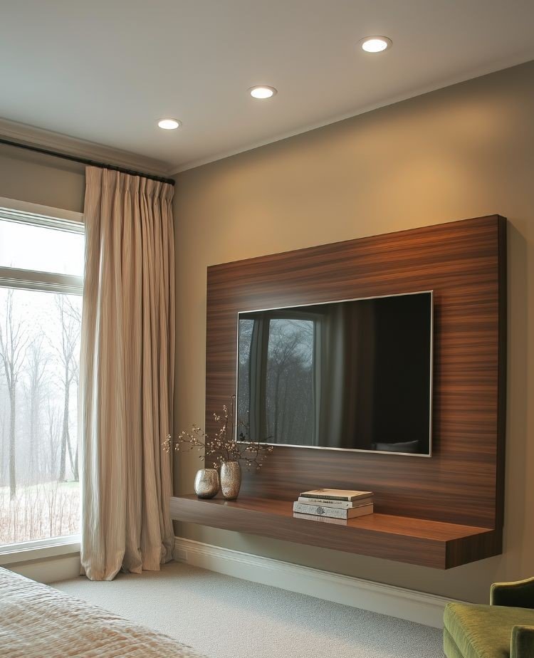 Modern Wooden Floating Wall Mounted TV Unit with Backing Panel and Ledge Shelf - Image 4