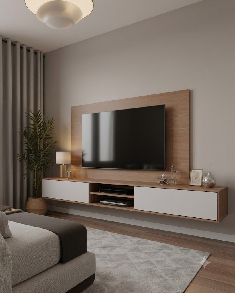 Modern Wooden Floating Wall Mounted TV Unit with Backing Panel and Storage Console - Image 3