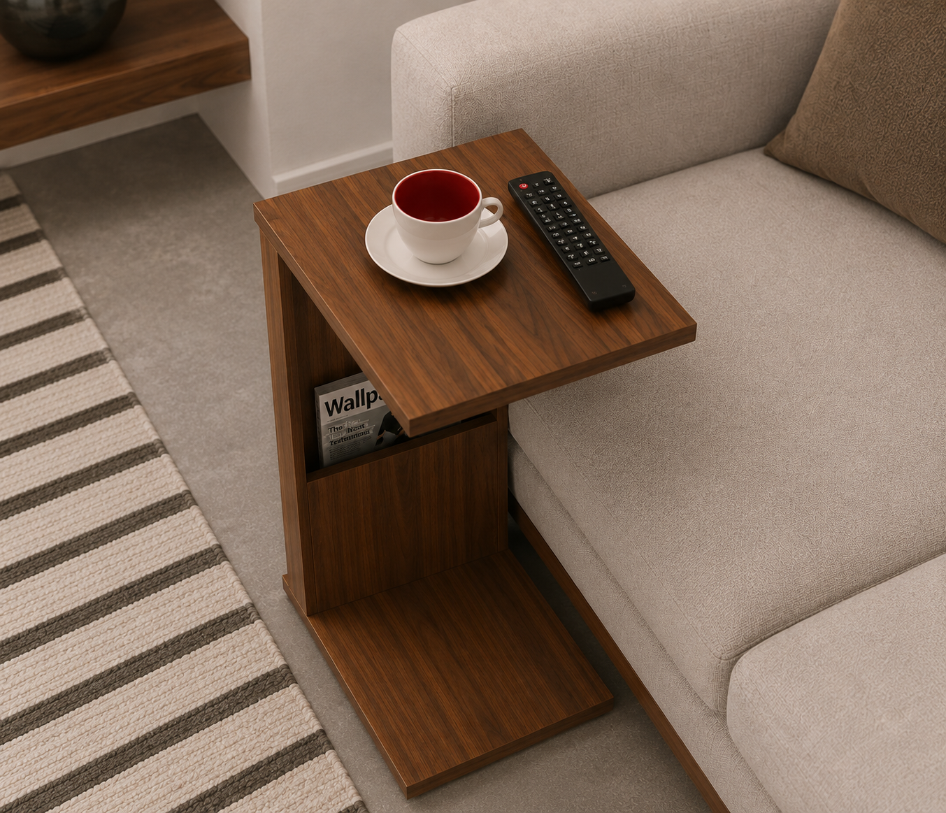 Modern C-Shaped Sofa Side Table with Magazine Storage - Image 2