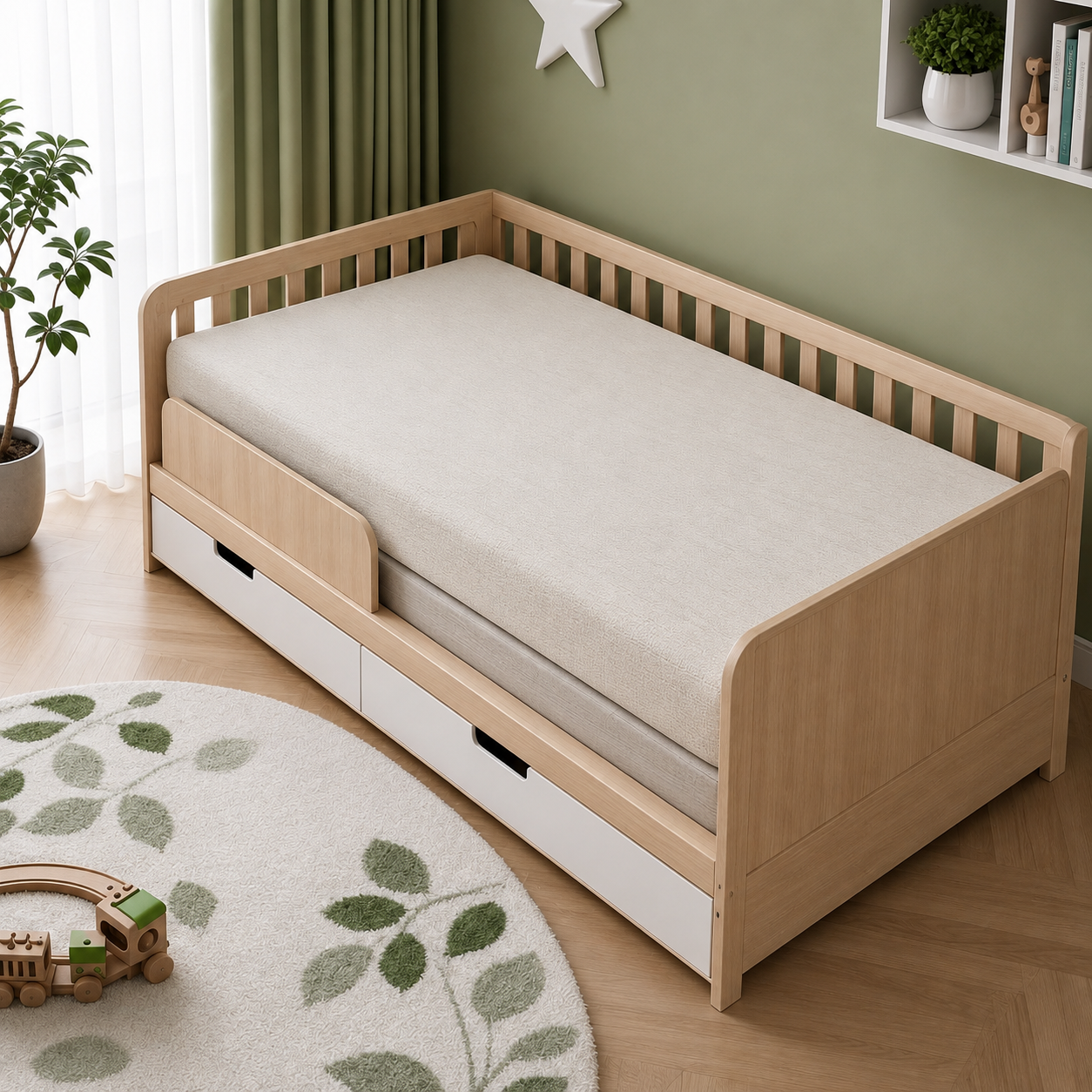 Modern Kids Single Bed with Safety Rails and Under-Bed Storage - Image 2